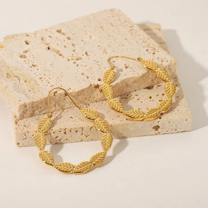 Waterproof Sweatproof Leaf Hoop Earrings : Gold Plated