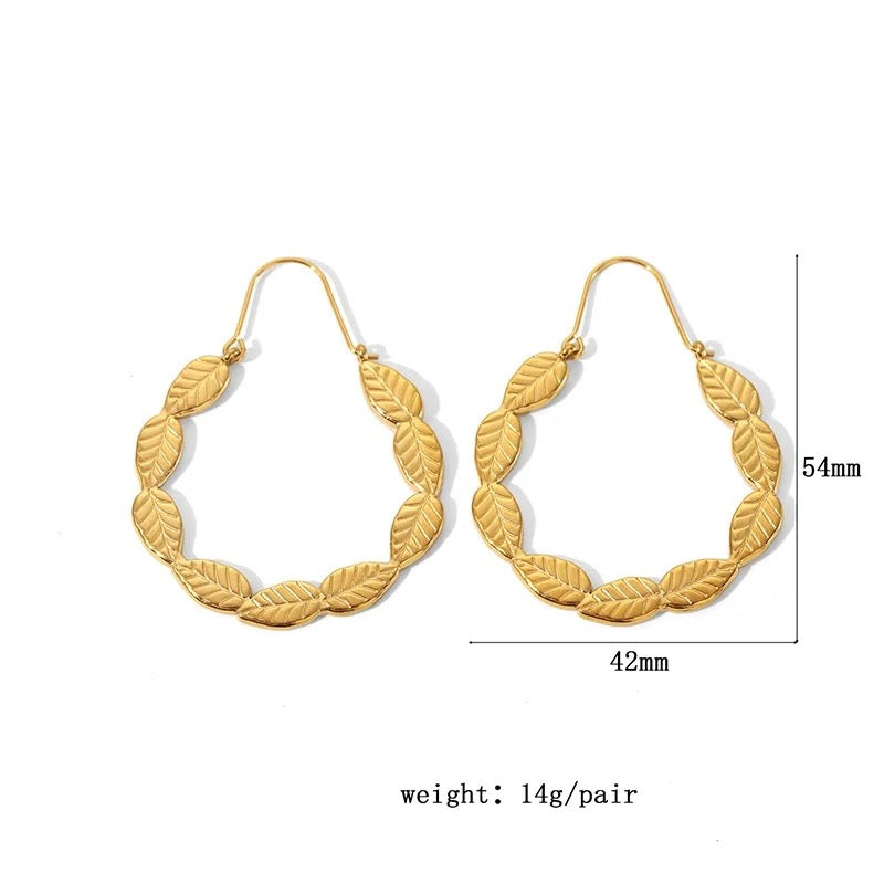 Waterproof Sweatproof Leaf Hoop Earrings : Gold Plated