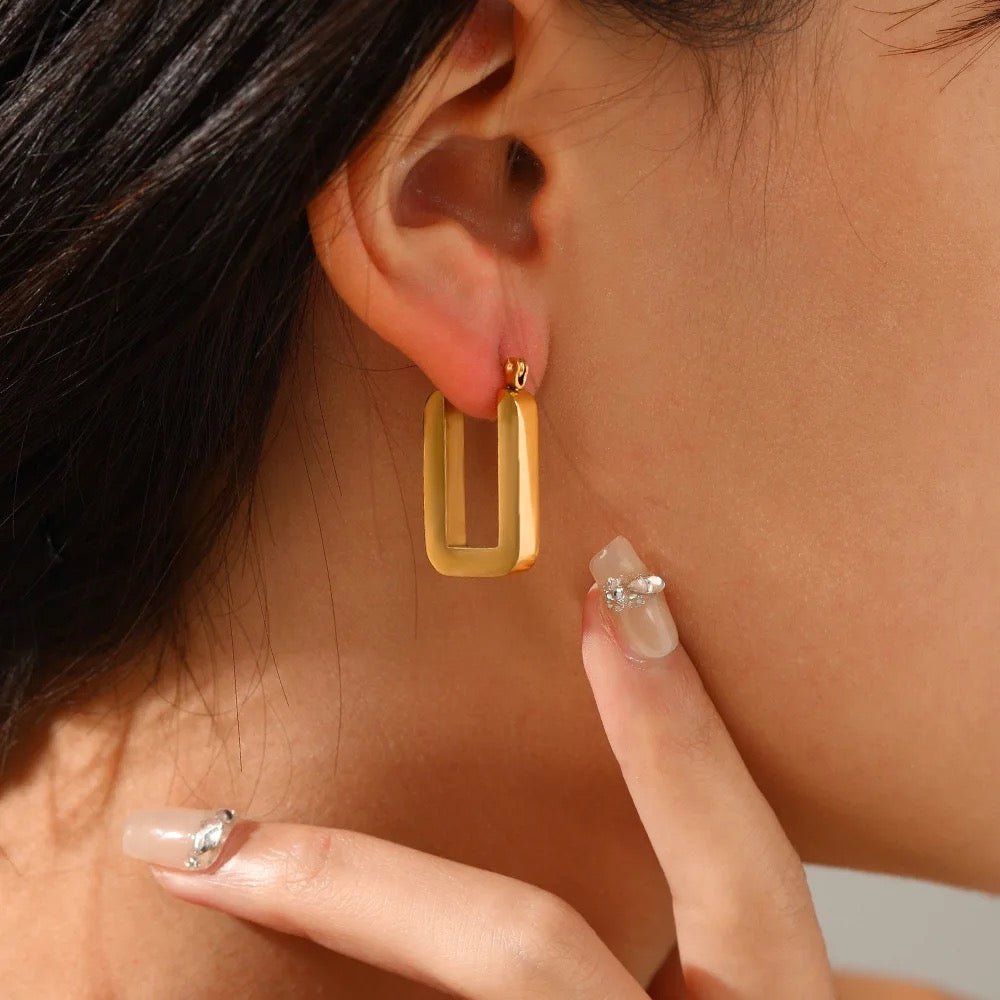 Waterproof Sweatproof Rectangle Hoop Earrings : Gold Plated