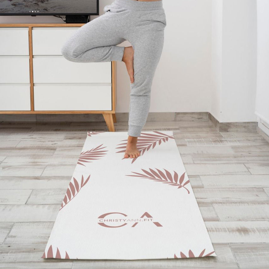 Yoga Mat | White dusty pink leaves - ChristyAnn.Fit Live Workouts