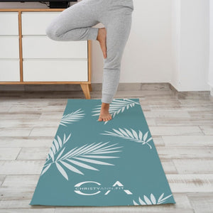 Yoga mat vegan teal blue and white leaves